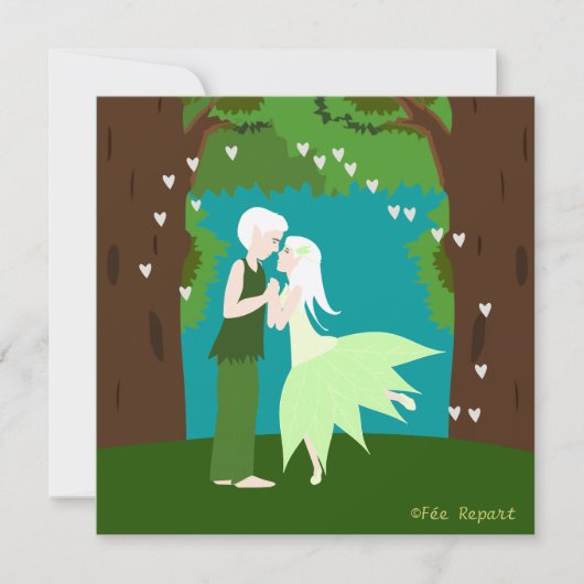 Faire-part mariage couple d'elfes cœur forêt (Devant)