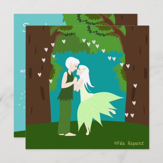 Faire-part mariage couple d'elfes cœur forêt (Devant / Derrière)