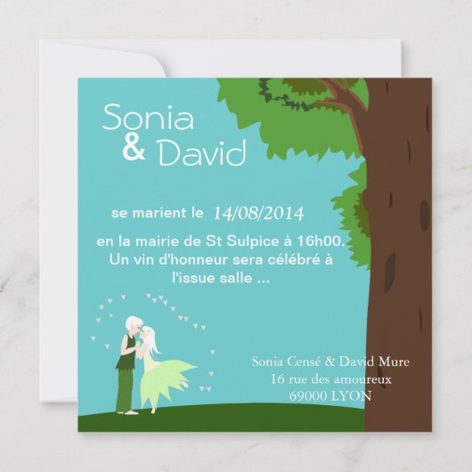 Faire-part mariage couple d'elfes cœur forêt (Dos)