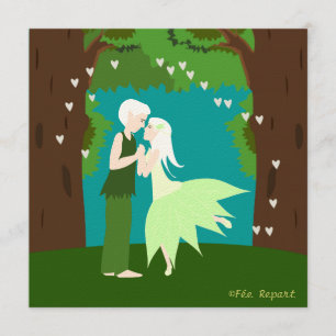 Faire-part mariage couple d'elfes cœur forêt
