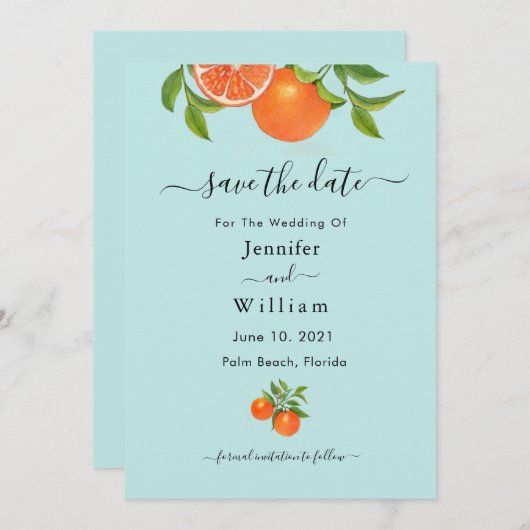 Faire-part mariage d'aquarelle orange Citrus (Devant / Derrière)