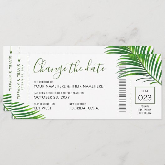 Faire-part Mariage Date Changer Tropical Palm Boarding Pass (Devant / Derrière)
