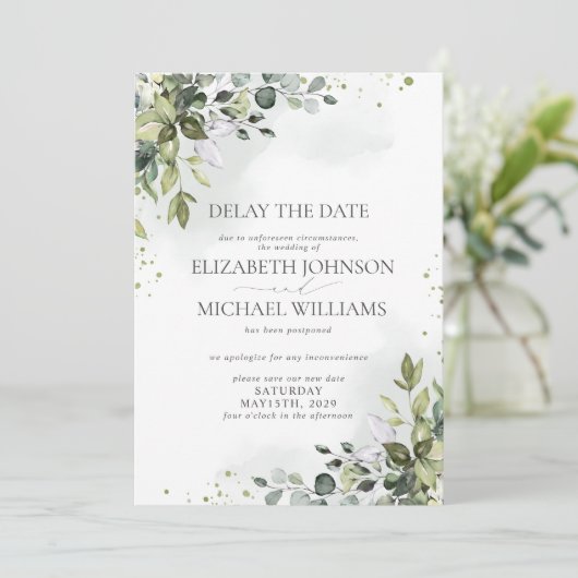 Faire-part Mariage Date de report Eucalyptus Aquarelle (Debout devant)