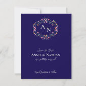 Faire-part Mariage de cadre floral complexe bleu monogramme (Devant)