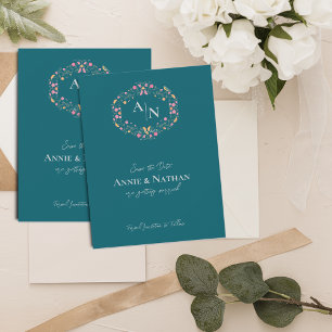 Faire-part Mariage de cadre floral complexe vert Monogramme