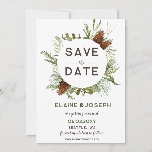 Faire-part Mariage de cône de pin conifère rustique Enregistr (Devant)