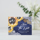 Faire-part Mariage de la Marine Bleu Tournesol Bois Burlap Co (Debout devant)
