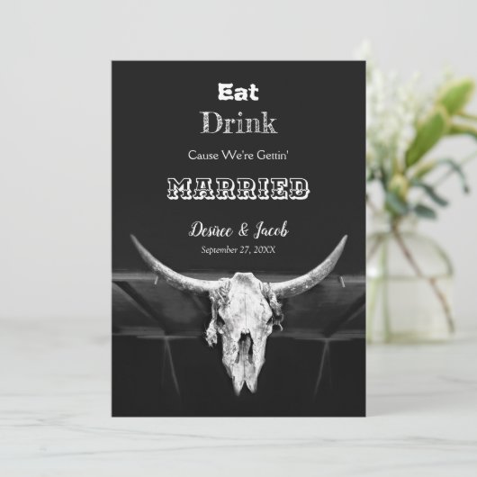 Faire-part Mariage de Noir Rustique Manger Boire Taureau Crân (Debout devant)