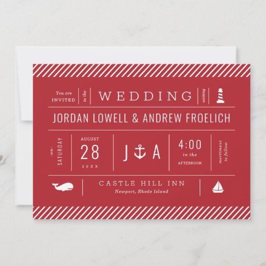 Faire-part Mariage de plage bleu et blanc rouge (Devant)