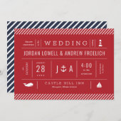 Faire-part Mariage de plage bleu et blanc rouge (Devant / Derrière)