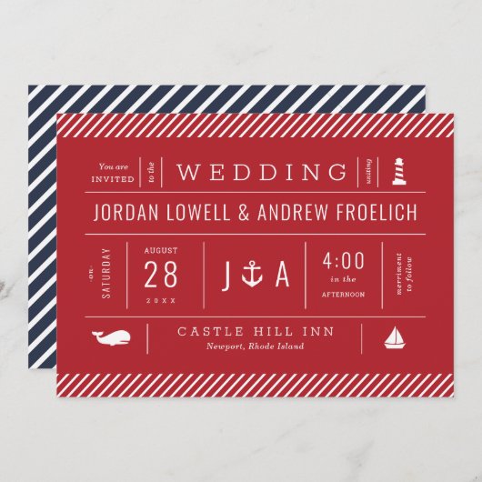 Faire-part Mariage de plage bleu et blanc rouge (Devant / Derrière)