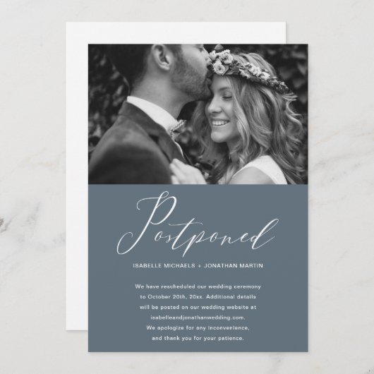 Faire-part Mariage Dusty Blue Postponction Nouvelle Date Phot (Devant / Derrière)