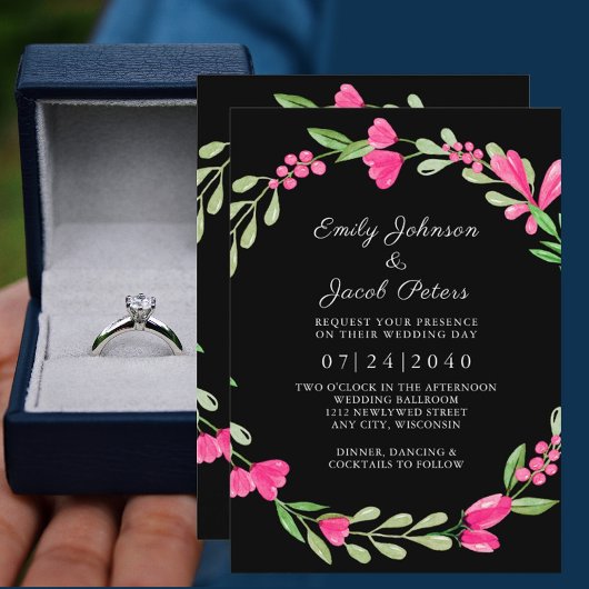 Faire-part Mariage Élégance Florale Verte sur Fond Noir