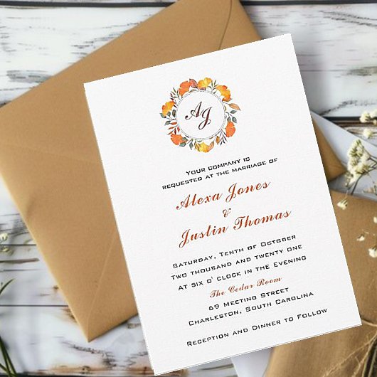 Faire-part Mariage élégant avec feuillage d'automne monogramm