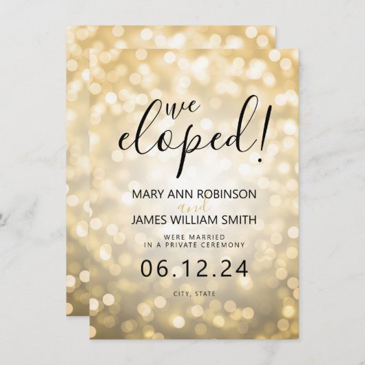 Faire-part Mariage élégant / Elopement Gold Bokeh lumières (Devant / Derrière)