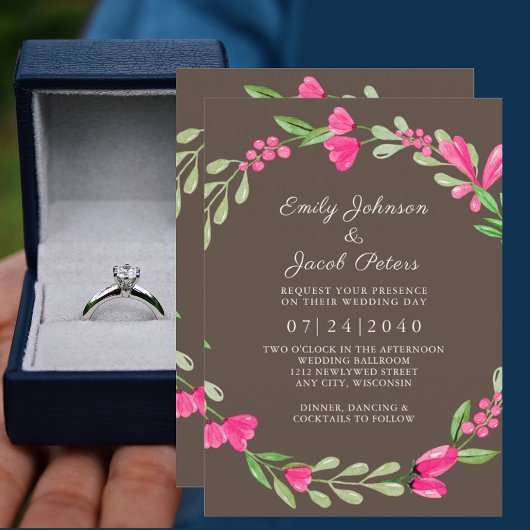 Faire-part Mariage élégant marron poussiéreux avec verdure fl