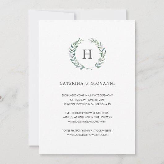 Faire-part Mariage Élégant Monogram Elopement Wreath Verdure (Devant)
