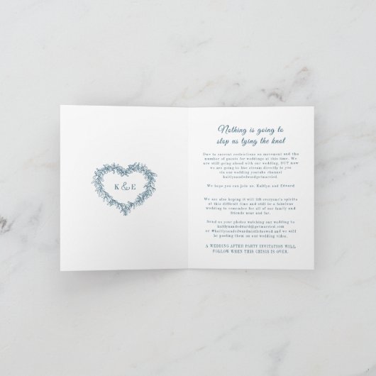 Faire-part Mariage en direct avec gui bleu blanc monogramme (Intérieur)