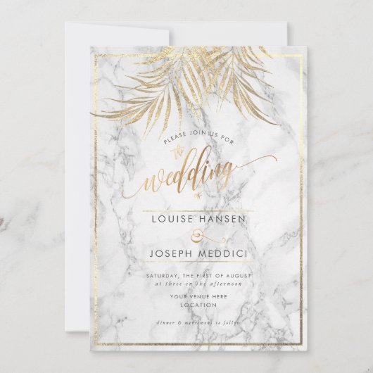 Faire-part Mariage en marbre Faux Gold Palms+ (Devant)