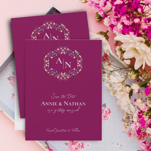 Faire-part Mariage floral monogramme rouge complex
