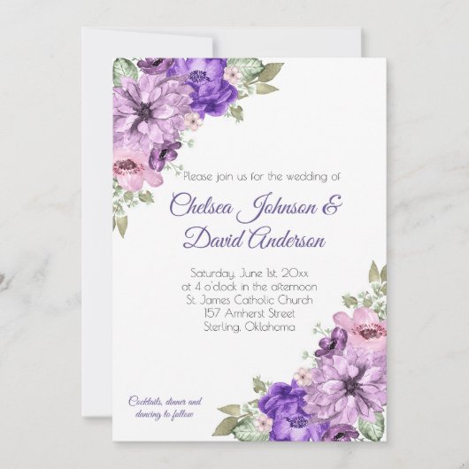 Faire-part Mariage floral ultra violet pourpre rose et verdur (Devant)