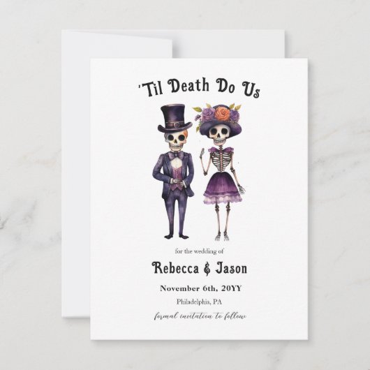 Faire-part Mariage gothique enregistrer la date squelettes (Devant)