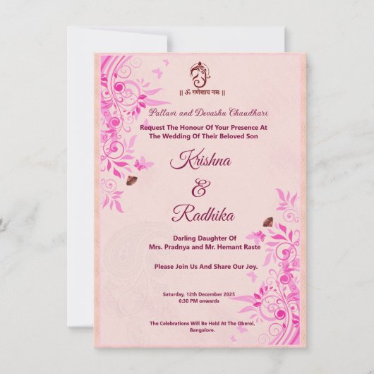 Faire-part Mariage indien Ganesha rose (Devant)