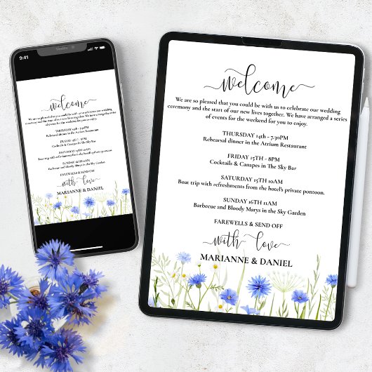Faire-part Mariage Itinéraire Blue Floral Digital Agenda