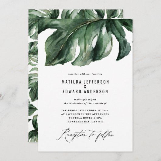 Faire-part Mariage minimal moderne à motif de feuilles de pal (Devant / Derrière)