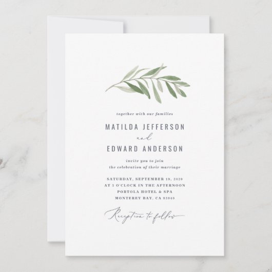 Faire-part Mariage minimal moderne avec feuillage de branche  (Devant)