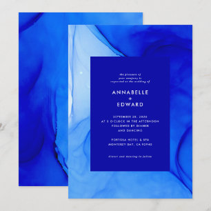 Faire-part Mariage Moderne Personnalisé Encre Abstraite Bleue