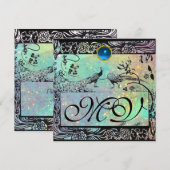 Faire-part MARIAGE OISEAUX DE L'AMOUR INITIALES noir vert ble (Devant / Derrière)