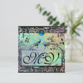 Faire-part MARIAGE OISEAUX DE L'AMOUR INITIALES noir vert ble (Debout devant)