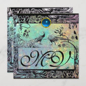 Faire-part MARIAGE OISEAUX DE L'AMOUR MONOGRAMME noir vert bl (Devant / Derrière)