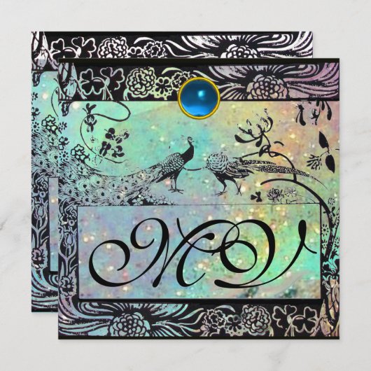 Faire-part MARIAGE OISEAUX DE L'AMOUR MONOGRAMME noir vert bl (Devant / Derrière)