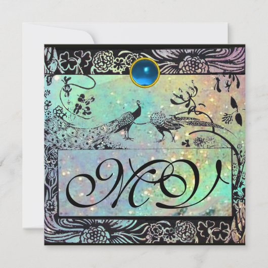 Faire-part MARIAGE OISEAUX DE L'AMOUR MONOGRAMME noir vert bl (Devant)