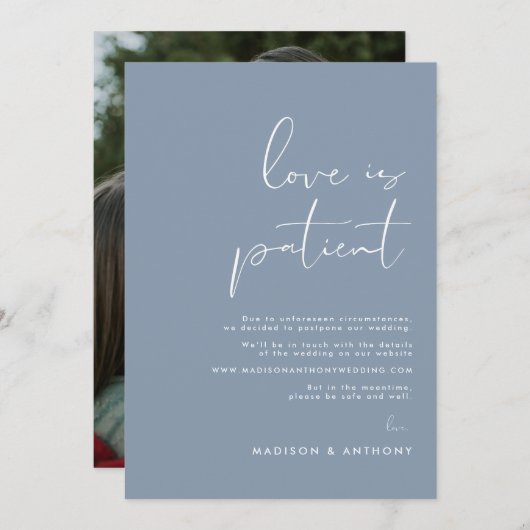 Faire-part Mariage photo Dusty Blue Minimalist Postponton (Devant / Derrière)