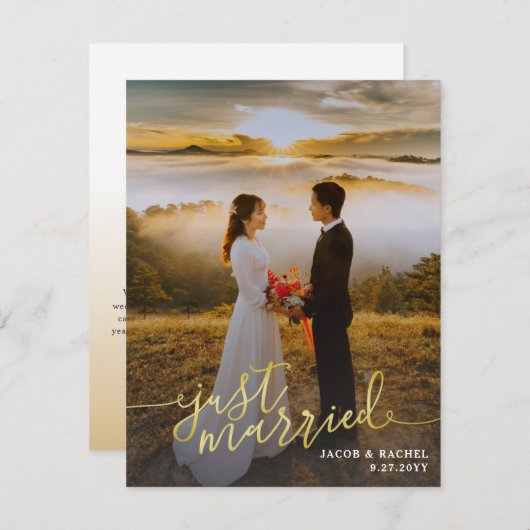 Faire-part Mariage photo juste marié Gold Script superpositio (Devant / Derrière)