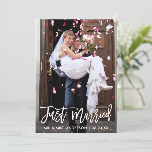 Faire-part Mariage Photo Juste Marié Moderne Brush Script (Debout devant)