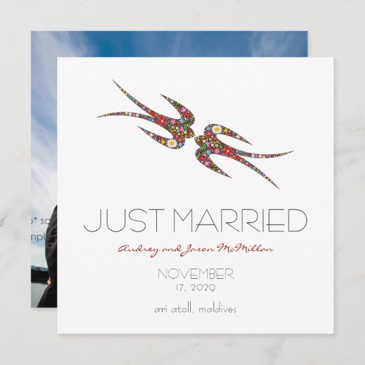 Faire-part Mariage photo Kissing Swallow & Spring Flowers (Devant / Derrière)