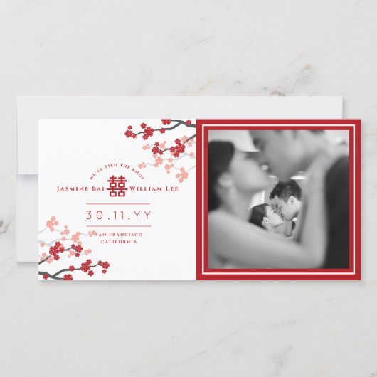 Faire-part Mariage photo Red Cherry Blossoms Double Happiness (Devant)