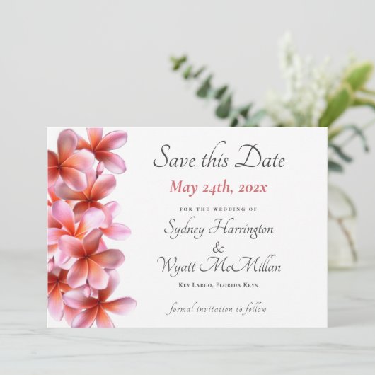 Faire-part Mariage Plumeria rose Sauvegarder la date Blanc (Debout devant)