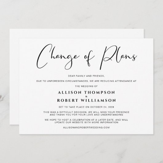 Faire-part Mariage Réduit Changement de Plans Élégant (Devant / Derrière)