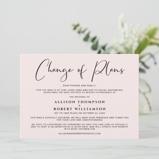 Faire-part Mariage Réduit Changement de Plans Élégant Rose (Debout devant)