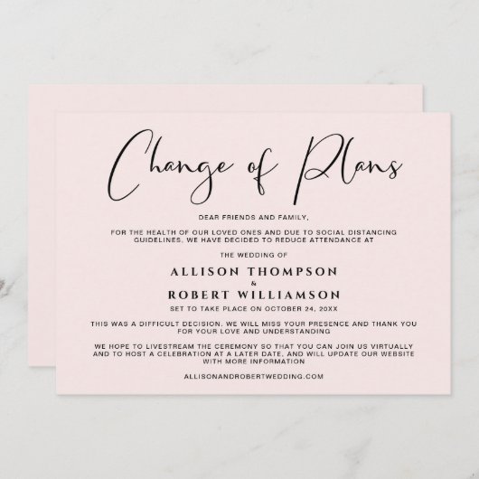 Faire-part Mariage Réduit Changement de Plans Élégant Rose (Devant / Derrière)