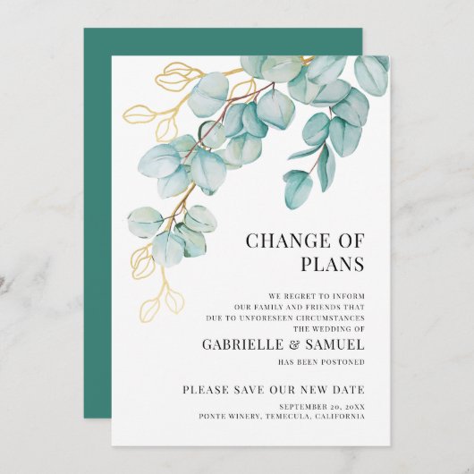 Faire-part Mariage reporté Élégant Turquoise et or Eucalyptus (Devant / Derrière)