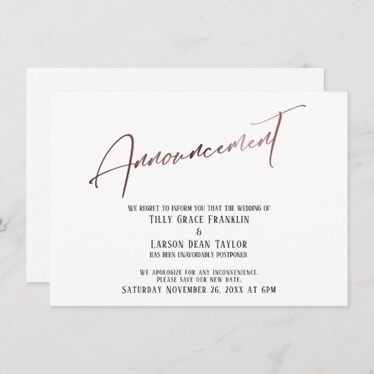 Faire-part Mariage rose différé Gold (Devant / Derrière)