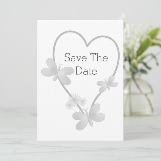 Faire-part Mariage Sauvegarder La Date Argent Heart Butterfli (Debout devant)