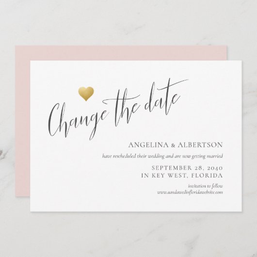 Faire-part Mariage Simple Cœur en Or Changement de Date (Devant / Derrière)