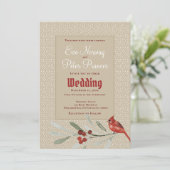 Faire-part Mariage simple d'hiver avec cardinal et verts (Debout devant)